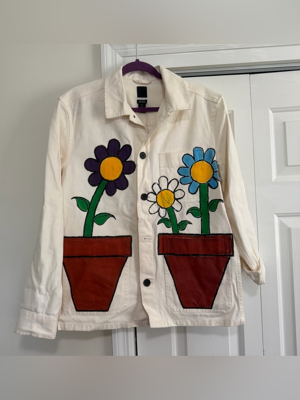 H&M Regular Fit White Jacket Painted Floral Size Medium